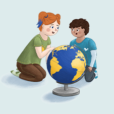 ein Mädchen und ein Junge sitzen auf dem Boden und schauen auf einen Globus (Illustration)